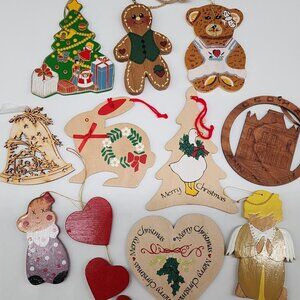 Vintage Wooden Christmas Ornament Gingerbread Teddy Bear Angel Rabbit Lot of 11